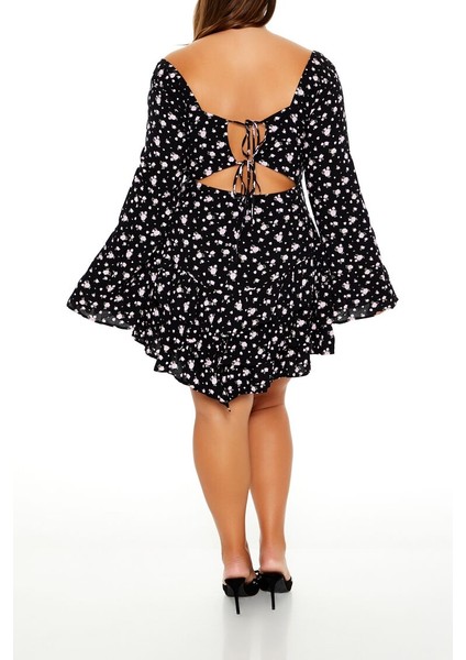 Plus Size Çiçek Desenli Mini Elbise