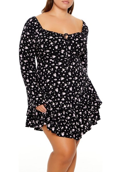 Plus Size Çiçek Desenli Mini Elbise