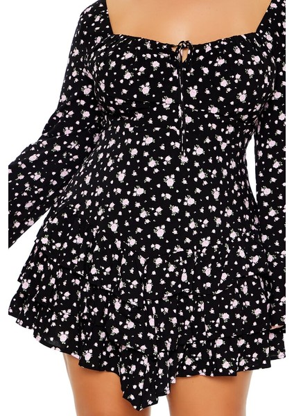 Plus Size Çiçek Desenli Mini Elbise