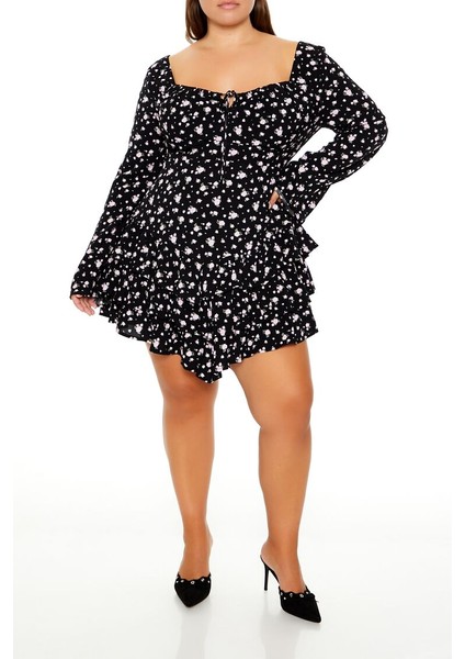Plus Size Çiçek Desenli Mini Elbise