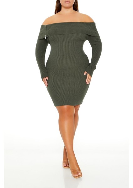 Plus Size Madonna Yaka Mini Elbise