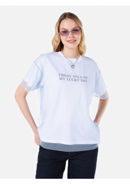 Regular Fit Bisiklet Yaka Baskılı Mavi Kadın Kısa Kol Tişört