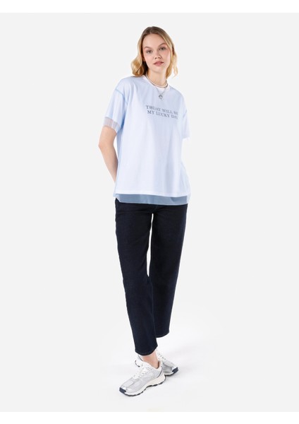 Regular Fit Bisiklet Yaka Baskılı Mavi Kadın Kısa Kol Tişört modelleri