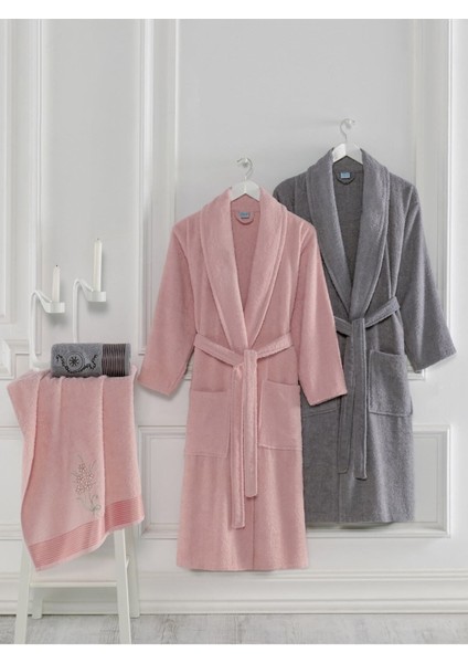 Antrasit Pembe Havlulu Bornoz 4lü Set