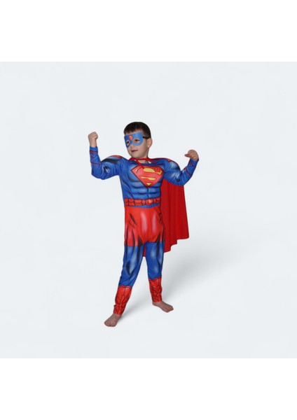 Süperman Kaslı Kostüm Maskeli ve Pelerinli Kaslı Süperman Çocuk Kostümü