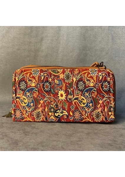 Etnik Desenli Kemerli Çift Fermuarlı Kadın Cüzdan / Bel Çantası - 11 x 21 cm