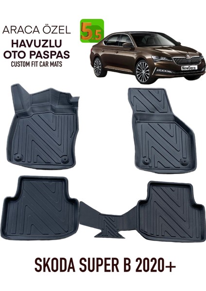 NewDeco Skoda Super B 2020 ve Sonrası Için 5,5d Carbon Style Havuzlu Paspas - Tpe Malzeme