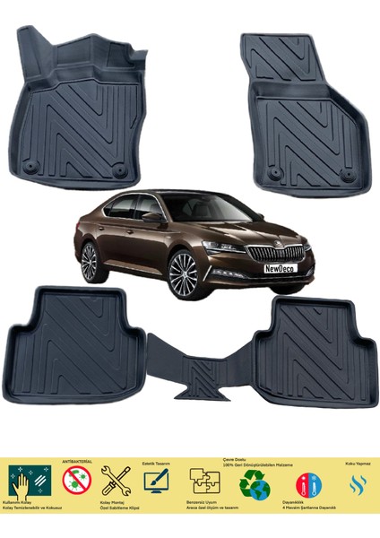 NewDeco Skoda Super B 2020 ve Sonrası Için 5,5d Carbon Style Havuzlu Paspas - Tpe Malzeme