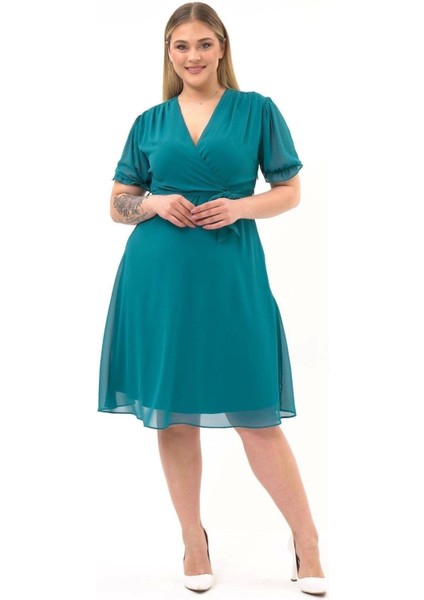 Kadın Kruvaze Yaka Kuşaklı Büyük Beden Midi Boy Şifon Elbise 4255-110