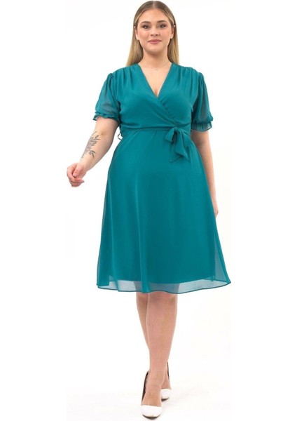 Kadın Kruvaze Yaka Kuşaklı Büyük Beden Midi Boy Şifon Elbise 4255-110