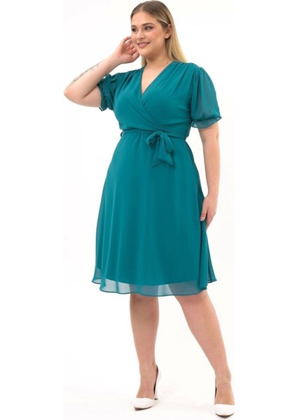 Kadın Kruvaze Yaka Kuşaklı Büyük Beden Midi Boy Şifon Elbise 4255-110