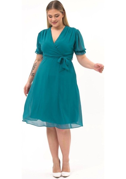 Kadın Kruvaze Yaka Kuşaklı Büyük Beden Midi Boy Şifon Elbise 4255-110