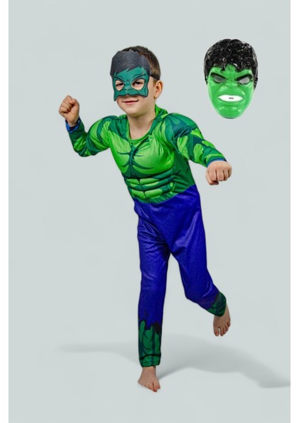 Hulk Kostümü Kaslı 2 Maskeli Hulk Çocuk Kostümü Maskeli Kaslı Parti Özel Gün Kıyafeti