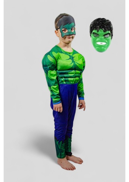 Hulk Kostümü Kaslı 2 Maskeli Hulk Çocuk Kostümü Maskeli Kaslı Parti Özel Gün Kıyafeti