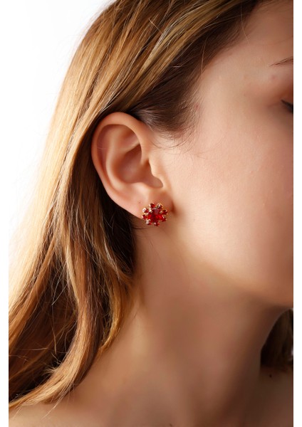 Matya Altın Renk Lak Kaplama Çivili Kırmızı Zirkon Taşlı Model Küpe fiyatları