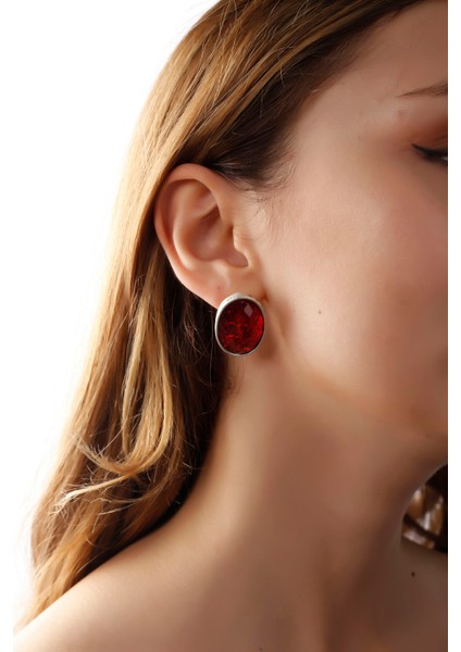 Matya Antik Gümüş Kaplama Çivili Kırmızı Taşlı Model Küpe