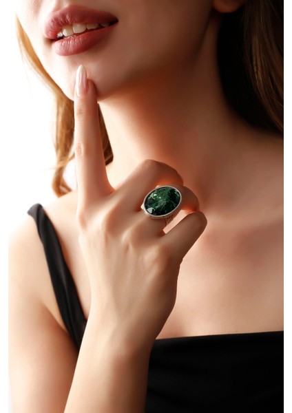 Matya Antik Gümüş Kaplama Ayarlanabilir Yeşil Taşlı Yüzük
