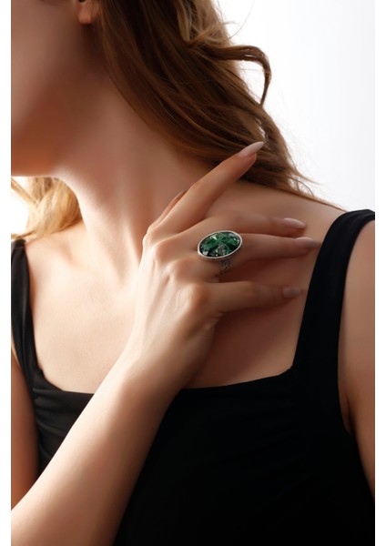 Matya Antik Gümüş Kaplama Ayarlanabilir Yeşil Taşlı Yüzük fiyatları