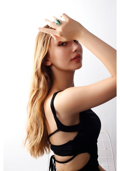 Matya Antik Gümüş Kaplama Ayarlanabilir Yeşil Taşlı Yüzük modelleri