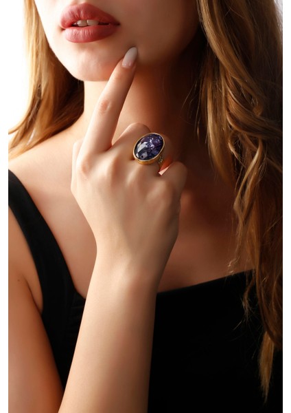 Matya Altın Renk Lak Kaplama Ayarlanabilir Mor Taşlı Yüzük