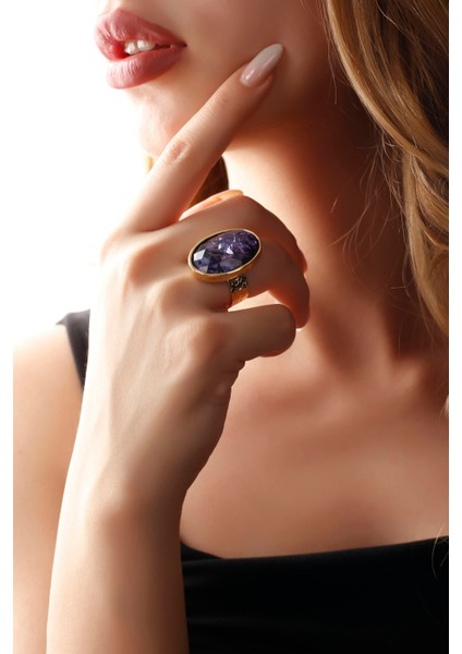 Matya Altın Renk Lak Kaplama Ayarlanabilir Mor Taşlı Yüzük fiyatları