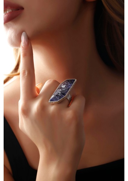 Matya Antik Gümüş Kaplama Ayarlanabilir Mor Taşlı Yüzük