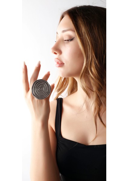 Matya Antik Gümüş Kaplama Büyük Spiral Model Ayarlanabilir Yüzük