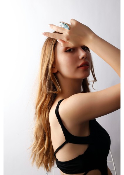 Matya Altın Renk Lak Kaplama Ayarlanabilir Turkuaz Taşlı Yüzük modelleri