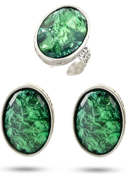 Matya Antik Gümüş Kaplama Ayarlanabilir Yeşil Taşlı Çivili Model El Işçiliği Küpe & Yüzük Set indirimleri