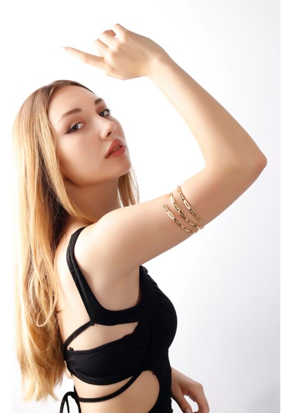 Matya Altın Renk Lak Kaplama Dolama Model Zincir Desenli Ayarlanabilir Açık Bant El Yapımı Üst Kol Aksesuar