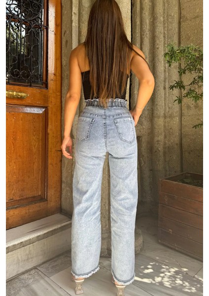 Kadın Yüksek Bel Paça Püsküllü Taş Detaylı Likralı Jean Kot Pantolon P-00012131