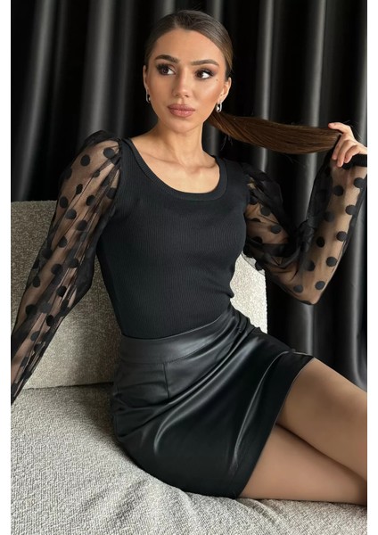 Kadın Kare Yaka Kolları Tül Puantiyeli Kaşkorse Bluz fırsatları