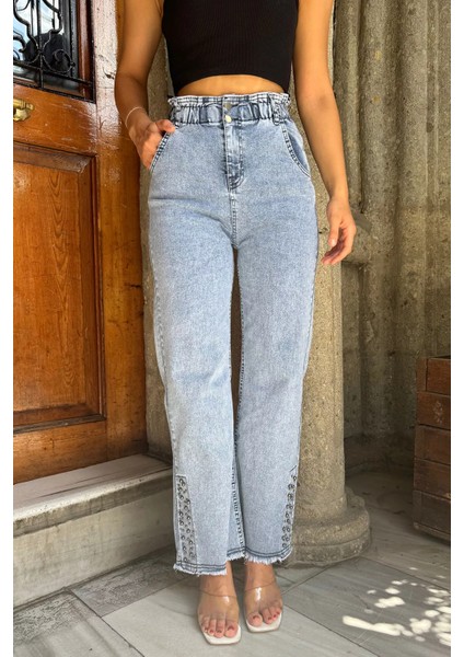Kadın Yüksek Bel Paça Püsküllü Taş Detaylı Likralı Jean Kot Pantolon P-00012131 fiyatları