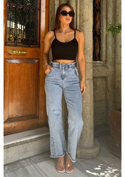 Kadın Yüksek Bel Paça Püsküllü Taş Detaylı Likralı Jean Kot Pantolon P-00012131 modelleri