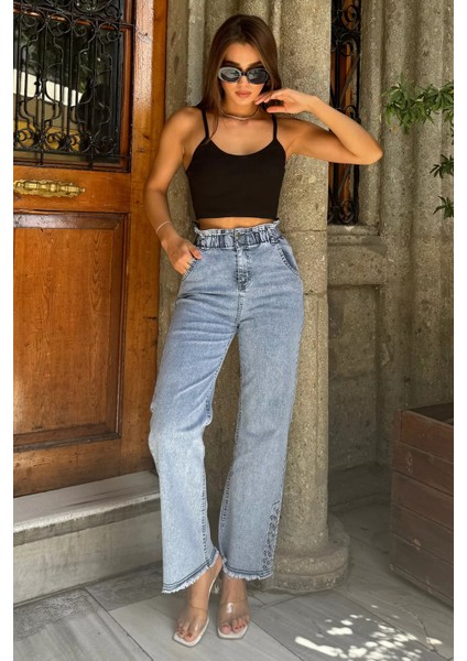 Kadın Yüksek Bel Paça Püsküllü Taş Detaylı Likralı Jean Kot Pantolon P-00012131 fırsatları