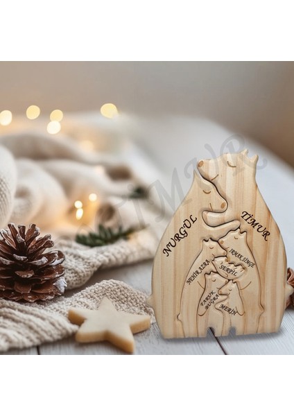 Ayı Aile Model Ahşap Soy Ağacı Puzzle Dekoratif 7 Li Isim Yazılabilen Biblo Set Hediyelik