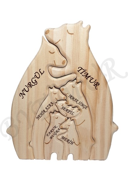 Ayı Aile Model Ahşap Soy Ağacı Puzzle Dekoratif 7 Li Isim Yazılabilen Biblo Set Hediyelik