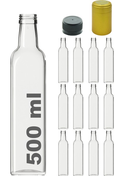 500 cc Şeffaf Maraska Kilitli Kapaklı ve Kapüşonlu 500 ml Köşeli Cam Şişe 12 Adet