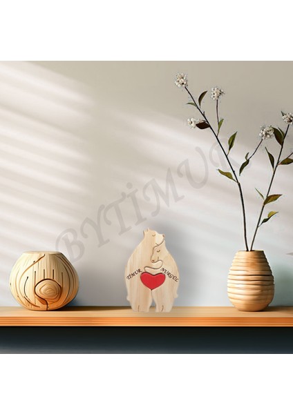 Ayı Aile Model Ahşap Soy Ağacı Puzzle Dekoratif 2 Li Isim Yazılabilen Biblo Set Hediyelik