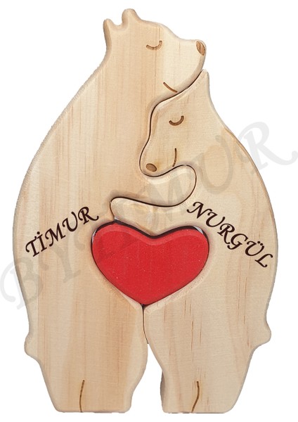 Ayı Aile Model Ahşap Soy Ağacı Puzzle Dekoratif 2 Li Isim Yazılabilen Biblo Set Hediyelik