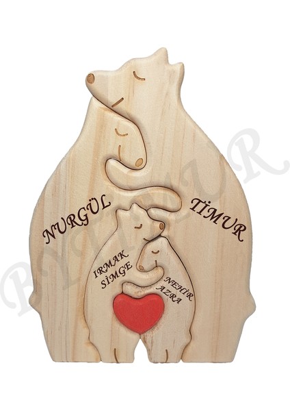 Ayı Aile Model Ahşap Soy Ağacı Puzzle Dekoratif 4 Lü Isim Yazılabilen Biblo Set Hediyelik