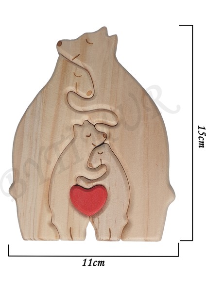 Ayı Aile Model Ahşap Soy Ağacı Puzzle Dekoratif 4 Lü Isim Yazılabilen Biblo Set Hediyelik