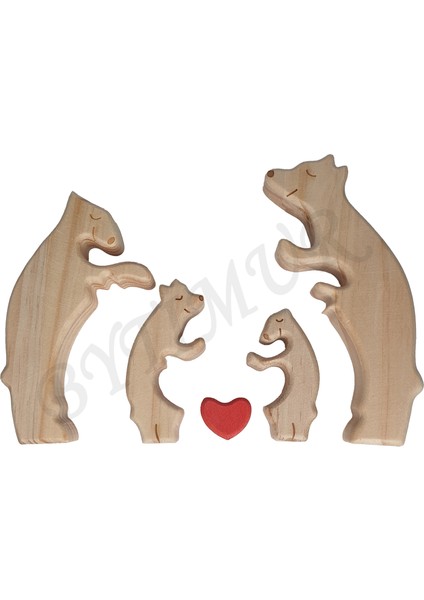 Ayı Aile Model Ahşap Soy Ağacı Puzzle Dekoratif 4 Lü Isim Yazılabilen Biblo Set Hediyelik