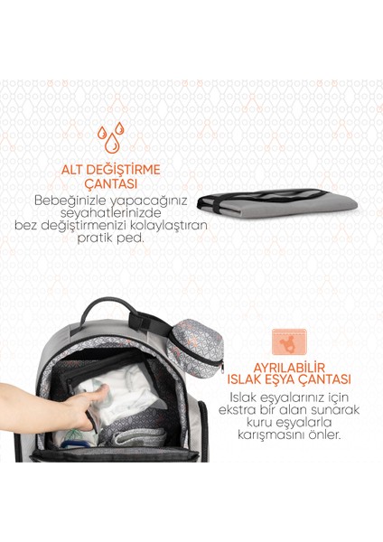 Kişiye Özel Çok Fonksiyonlu Anne Baba ve Bebek Bakım Sırt Çantası - Grey