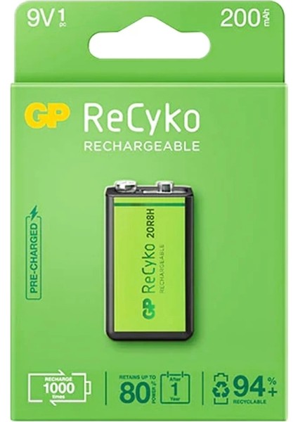 Gp Recyko 9 Volt 200 Mah Nı-Mh Şarjlı Pil GP20R8H-2E1-(GPRHV208R075) (4172)