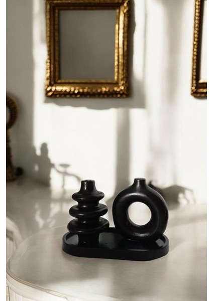 Siyah Sunumluk Takı Tabağı Dekoratif Tepsi Obje Seti 3 Parça Model 1046