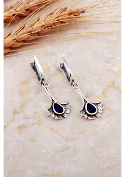 Safir Taşlı Karanfil Çekiç Dövme Elişi Gümüş Küpe 7210