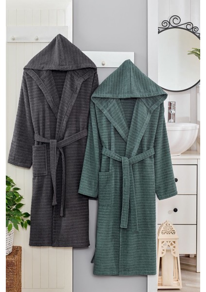 Doğa Antrasit Yeşil Kapşonlu Çift Bornoz