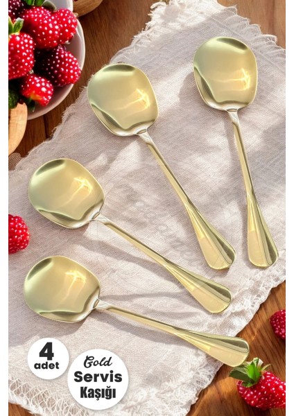 4'lü Gold Servis Kaşığı Paslanmaz Çelik Lüx Salata Börek Pasta Fırın Tavuk Patates Servis Kaşığı