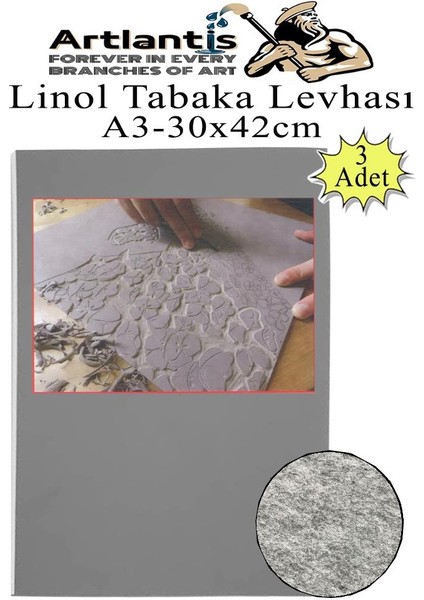 Linol Tabaka Levhası A3 30X42 cm 2mm Gri 3 Adet Linolyum Tabaka Gri Linol Muşamba Baslı Levha